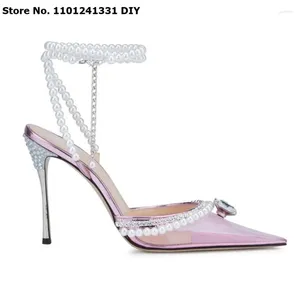 Dress Shoes Purpel Transpatent Pvc Designer Thin High Heel Pointed Toe Female Women Big Diamond Ankle Pearls Pumps Stiletto