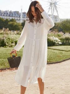 Casual Dresses 2024 Causal White Mandarin Collar Front Open Long Sleeve Summer Beach Dress Tunic Women Clothing Beachwear Midi Q1101