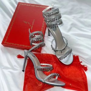 Rene Caovilla Crystal Empelled Rhinestone Heels Designer Sandaler Snake Stiletto Heels Womens High Heeled Luxury Designer Ankel Wraparound Evening Shoes #01