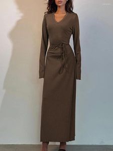 Casual Dresses Fashion Women Fall Elegant Wrap Long Dress Classic Solid Color Sleeve V-Neck Ribbed With Tie-Up Belt för Office Daily Daily