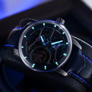 Armbanduhr Oblvlo Herren Tourbillon Mechanical Watch mit hohlem Design Blau Lederband wasserdichte Uhr für Männer Reloj Hombre