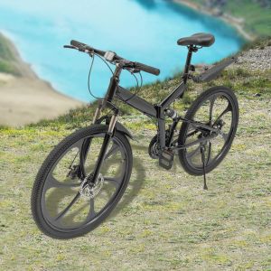 Cykel 26inch Mountain Bike Folding Bicycle 21 Speed ​​Carbon Steel Full Suspension Disc Brake Unisex Mtb Black