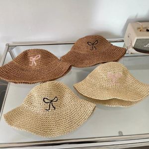 Berets Summer Sun Hat Pastoral Style Bow Embroidery Sunshade Grass Weaving Show Small Facial Features Bucket Cap