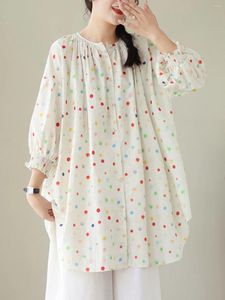 Women's T Shirts Summer Women Shirt Oneck Printing Dots Mori Girl Half Sleeve Linen Casual Lady Long Tops Female YoYiKamomo