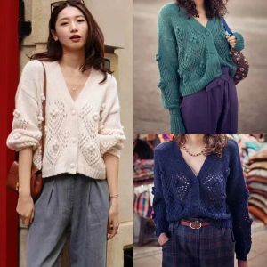 2024 Autumn Winter Women Retro Crochet V-neck Hollow Fur Ball Solid Color Wool Blended Loose Cardigan