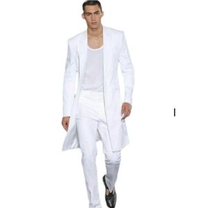 Jackets Summer Long Jacket White Trousers Groom Tuxedos Wedding Suits for Men Peaked Lapel Man Blazers 2 Pieces Coat Pants Prom Party