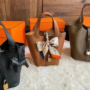 Tasche Echtes Leder handgefertigtes Haus Gemüse Korbbeutel Elefant graues Leder Cowhide Handheld Wasser Eimer Gemüse Korbbag 18/22 Frauenbeutel