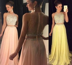 Ny billig illusion Två stycken Prom Dresses Jewel Neck Yellow Peach Chiffon Long Crystal Beads 2 Pieces Open Back Party Dress Eveni8698730