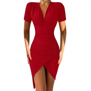 Casual Dresses Womens Wrap V Neck Kort ärm Split Elegant Ruched Cocktail Party Midi Dress Bankett för kvinnor