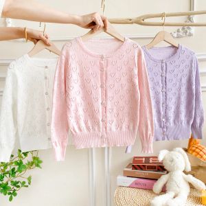 Sweaters New Spring/Summer Girls' Knitted Hollow Heart Cotton Cardigan Lightweight and Breathable Air Conditioning Shirt Holiday