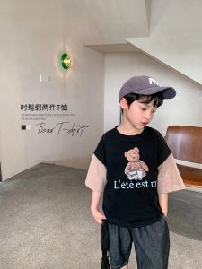 Shirts Boy's Shortsleeved Tshirt 2022 New Summer Anime Bear Letter Handsome Casual Round Neck Children Boy Top