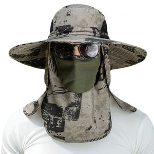 3pcsset Men Hat Bucket com xale véu camuflagem de verão prevenção de areia de 12 cm Sun Sun impermeável ao ar livre Campa de pesca 240417