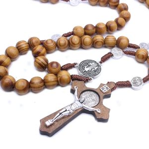 Подвесные ожерелья модный черный коричневый деревянный розарий ожерелье мода Религиозный католический большой крест для женщин мужские бусинки