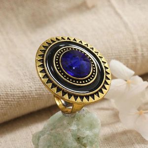 Cluster Rings Fashion Retro Antiqued Gold Color Bohemia Deep Blue Stone Adjustable For Women Party Jewelry