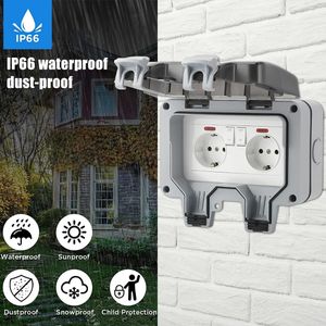 Outdoor Sockets IP66 Waterproof EU Standard Power Socket 250V Double Plug Plastic Wall Electrical Outlets Lockable Cover 240415