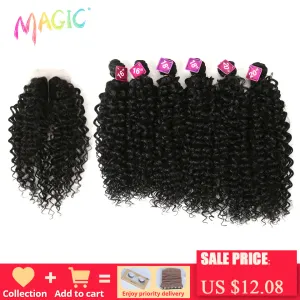 Weave Magic Synthetic Afro Kinky Curly Hair Weave Hair 1620 Zoll 7 Pieces/Los Bündel mit Verschluss Afrikanischer Spitze für Frauen Haare Erweiterung