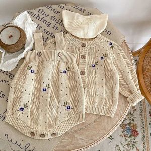 Sets Autumn Winter Infant Baby Girl Knitting Clothes Set Long Sleeved Knitted Embroidery Cardigan+Jumpsuit Newborn Baby Clothing Suit