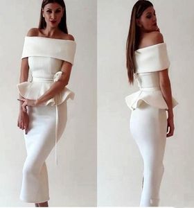 2019 Arabische Dubai Frauen vor schulterweißem Satin Mermaid Cocktail Kleiderkleid Tee Länge Rückenschlitz Abend Anlass Kleider Pa1892977