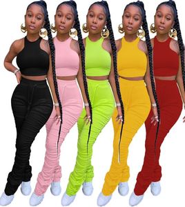 Fitness Stacked Leggings Tracksuit Women Summer Lounge wear Sleeveless Tank Crop Top with Sweatpants Two Piece Set Jogging Femme1368163