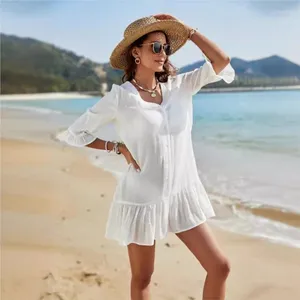 Strandklänning kvinnor 2024 sundress mode för sommarhals rufsade fast färg kjol ins akrylutflykter badar robe