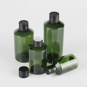 ボトル50ml 100ml 150ml 200ml緑の空の化粧品プラスチック容器黒いアルミニウムスクリューキャップ、詰め替え可能な液体ボトルパッケージ