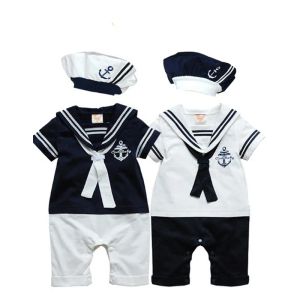 Endelar baby marinen romper sommar nyfödda barn pojkar flickor sjöman jumpsuit hatt 2 st kropp kort ärm ankare tryckt kostym
