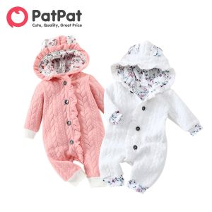 Tek parçalar patpat tulum bebek kız giysileri tulum yeni doğmuş romper yenidoğan bodysuit 3d kulaklar kapşonlu fırfır pembe kalınlaşmış longsleeve