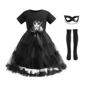 Black Adams cosplay sets International Children's Day Performance cosumes kids cartoon printed short sleeve T-shirt with lace tulle skirt 2pcs Z7846