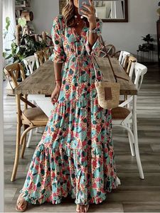 Модная шикарная v Seck Scem Summer Maxi платье свободное повседневное рюша reffle a-line Элегантные цветочные женщины с полу рукава 240417