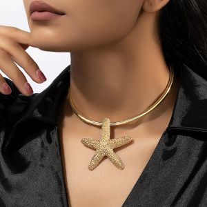 Halsband grossist moderna smycken guldfärg stora metall uttalande örhängen justerbar stjärnfisk hänge charm choker halsband för kvinnor