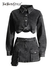TWOTWINSTYLE Black Two Piece Sets For Women Lapel Long Sleeve Short Top High Waist Patchwork Pocket Mini Skirt Denim Set Female 240412