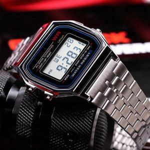 Armbandsur Luxury F91W Steel Strap Ladies Watch Vintage LED Digital Sports Watches For Women Electronic Wrist Band Clock Men Military Watch 240423