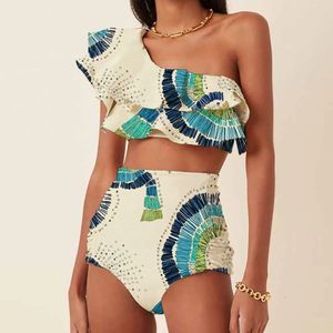 Womens Printed Ruffle Swimsuit Fashion One Shoulder Slash Breasted Bikini Two Piece High Waisted Tummy Tuck Beachwear 2024 240411