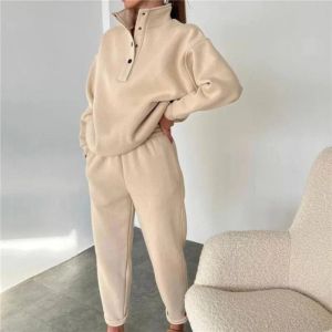 Polos Autumn Streeetwear 2 Piece Outfits Collar Neck Casual Fashion Sets Velvet Warm Hoodie+Long Pant Suits Oversized Button Outfit