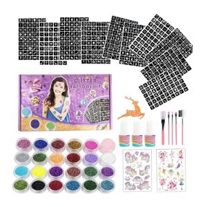 Kit färgglada diamant glitter tillfällig tatuering set glitter pulver makeup borste tatuering lim tatuering party face body art kit för barn