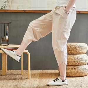 Men's Shorts Harajuku Summer Loose Calf Length Casual Pants Men Wide Leg Cotton Linen Trousers Baggy Short Harem