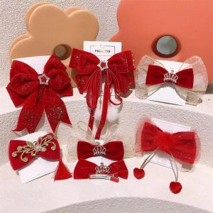 Accessori Capodanno rosso bambino grande fiocco con filo con fili per capelli cristalli Teste geometriche femminile ragazze lucide velluto per capelli Accessioni per capelli