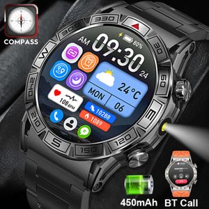 2024 New Flashlight Outdoor Military Smartwatch Men 466*466 HD 100+ Sports Compass BT Call Waterproof 450mah Battery Smart Watch
