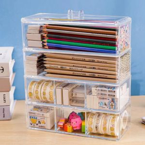 Organizador de artigos de papelaria de caixas Clear Make Up Organizer Storage Box Organizer para caixa de contêiner de cosméticos com lid de caneta empilhável