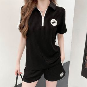 Designer Women's Tracksuits Summer Cotton Loose Casual Suit Color blocking Lapel Zipper Short Sleeve High Waist Shorts