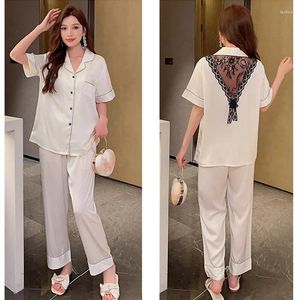 Women's Sleepwear Lapel Back Hollow Out Suit Women Short Sleeve 2Pcs Pajamas Sleep Set Female Silky Satin Home Clothes Spring Nightwear