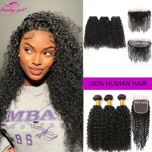 Wigs Kinky Curly Bundles With Closure Natural Human Hair Bundles Brazilian Hair Transparent 4x4 Lace Closure and Weave Bundle 10A