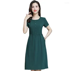 Casual Dresses Summer Dress Women Elegant Solid Vintage 2024 O-Neck Slim A-Line kort ärm för hög kvalitet