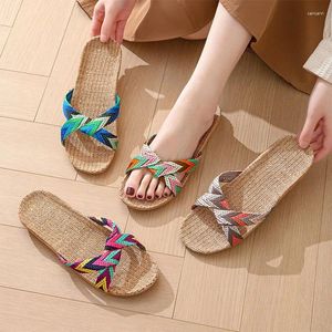 Hausschuhe Bohemian Style Leinen Frauen gemischte Farbfarbzes japanische Sandalen Boden Damen Schuhe h