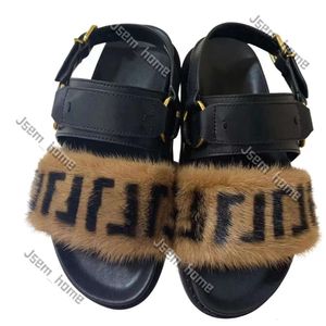 Сандаловая знаменитая дизайнерская женщина Fendily Sandals коричневая норка мех плоские сандалии F