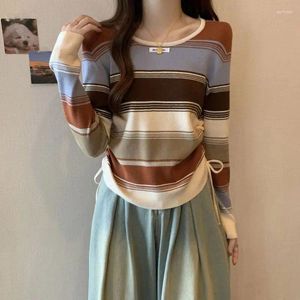 Frauenpullover Pullover Pullover weibliche Streifenkontrast Farbe Rundes Hals -Ober -Herbst -Design Langarmknit