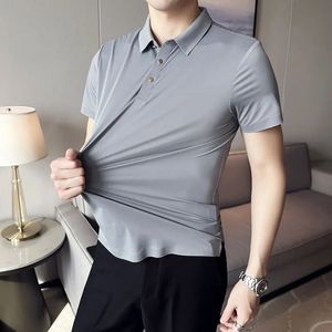 Mens Short Sleeve POLO Shirt Summer Thin High Elasticity Solid Color Casual Slim Fit Formal Dress Shirt Men Clothing 240412