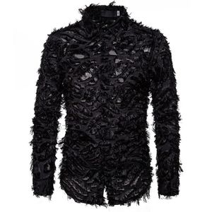 Sexy Black Feather Lace Shirt Men 2020 Fashion Brand NightClub Singer Mens Dress Camisas Evento Party Prom Camisa Social Masculina348k