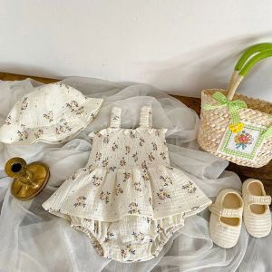 Pezzi 2pcs in lino estivo floreale floreale neonato da bambina body attivo camisole abito tutu a pezzi con set di cappelli