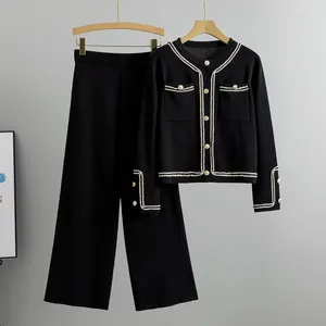 女性の2ピースパンツ春秋のスーツ2024ファッションニットカーディガンカジュアル2韓国のエレガントズボンマッチセット